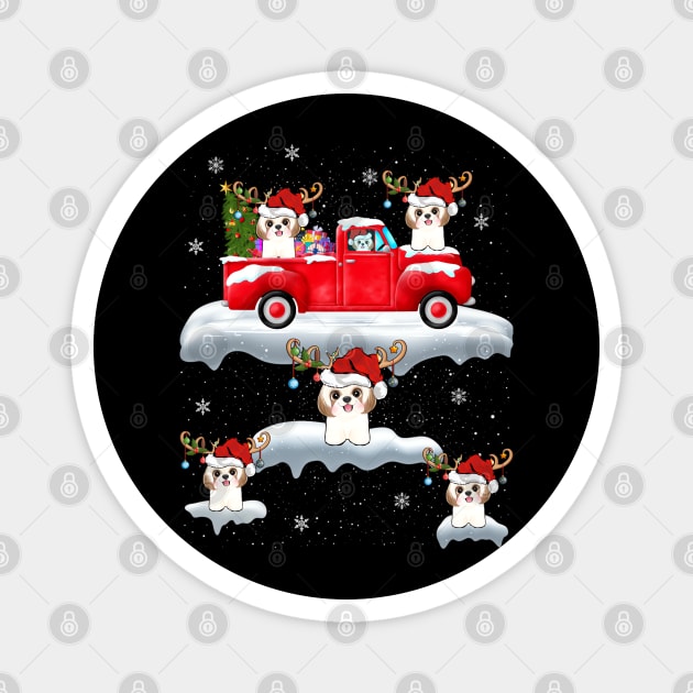 Xmas Lights - Shih Tzu Dog Riding Red Truck Christmas Magnet by Origami Fashion